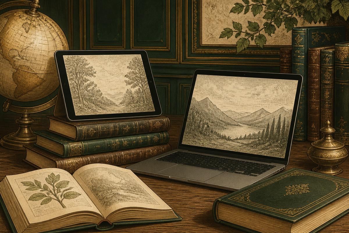 Tablet και laptop ανάμεσα σε παλιά δεμένα βιβλία και υδρόγειο σε ξύλινο γραφείο